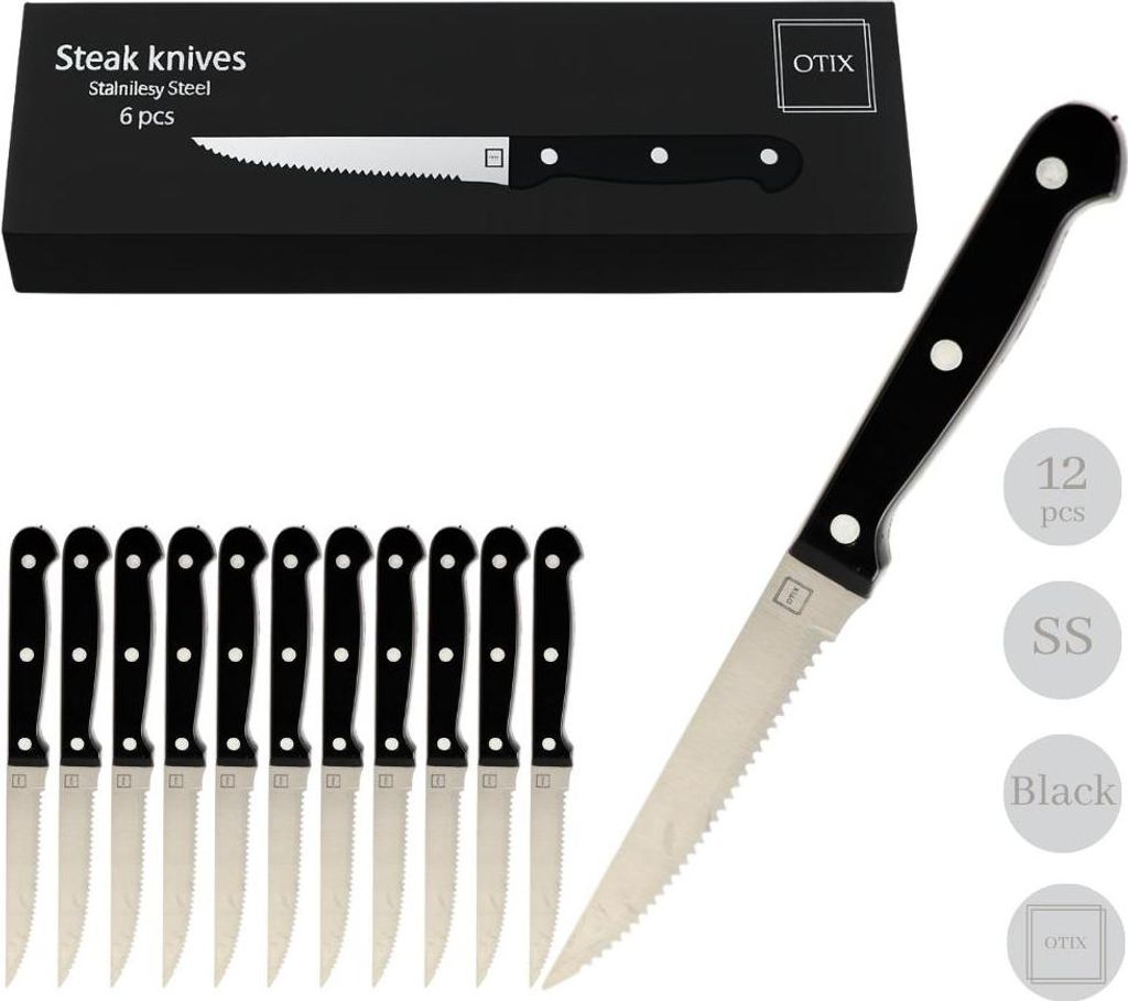OTIX Steakmesser-Set aus 12 Stück Schwarz Fleischmesser Spülmaschinenfest 21x2x1,5 cm Steakmesser-Set Edelstahl