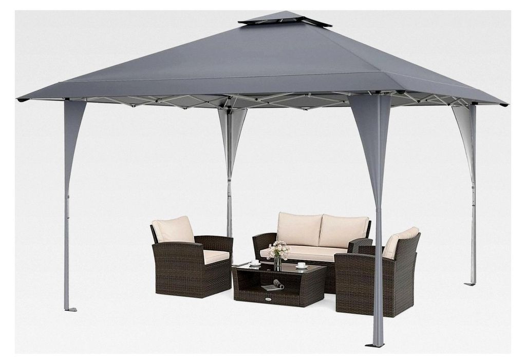 Faltpavillon 4x4 m, Pop-Up Pavillon mit Doppeldach und Metallrahmen, höhenverstellbar für den Garten (Grau)