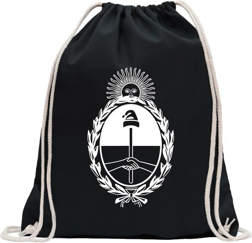 Kiwistar - Turnbeutel - schwarz - Argentinien Wappen - Fun Rucksack Sport Beutel Gymsack Baumwolle mit Ziehgurt