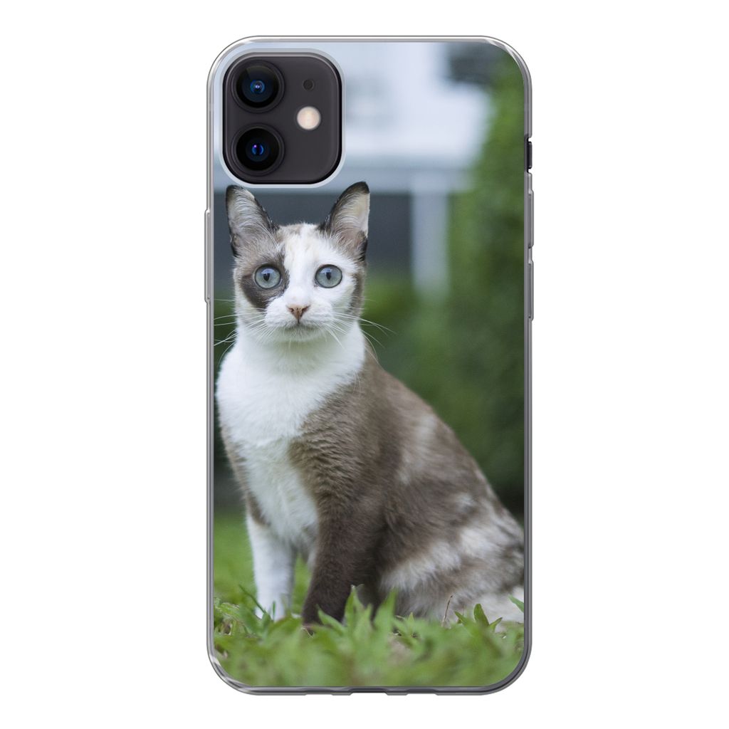 MuchoWow Handyhülle Schutzhülle Hülle für iPhone 12 mini Katze - Siamese - Gras - Mädchen - Kinder - Jungen - Kind Silikon Softcase Handy H...