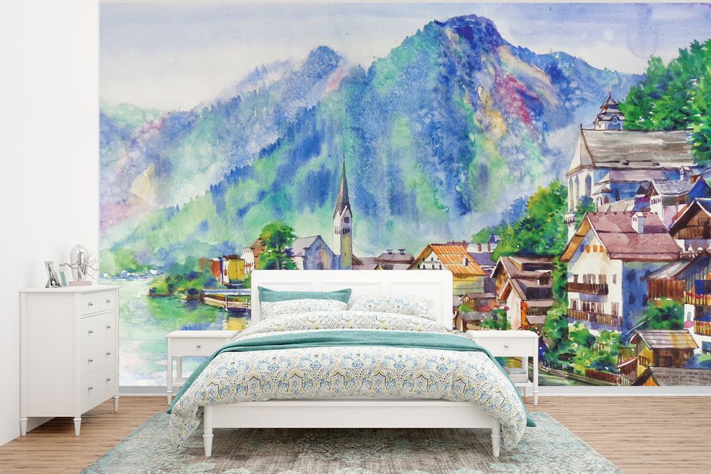 MuchoWow Fototapete für Wohnzimmer oder Schlafzimmer Wandtapete Vinyl Motivtapete Gemälde - Ölfarbe - Haus - Berge - Wasser - 400x300 cm - Pap...