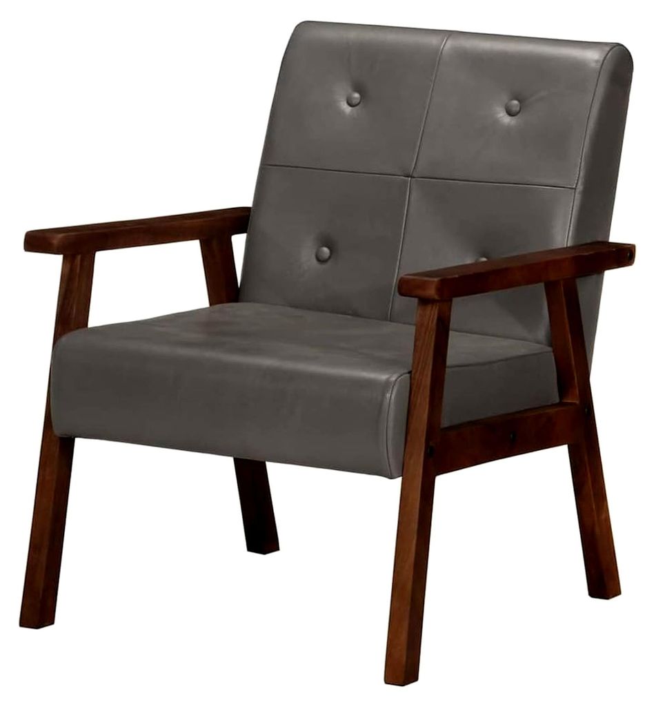 Sessel Grau Echtleder, 61x70x74 cm Akazienholz, bequemer Accent Chair für Wohnzimmer und Schlafzimmer