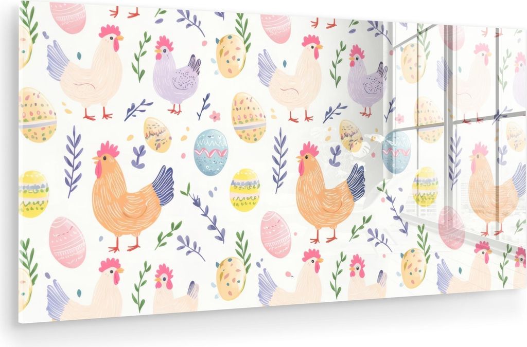 MuchoWow Glasbilder - Bilder auf Wandbild - Foto auf Glas Muster - Huhn - Ostereier 80x40 cm Wanddekoration aus Glas - Acrylglasbild - Acrylbilder ...