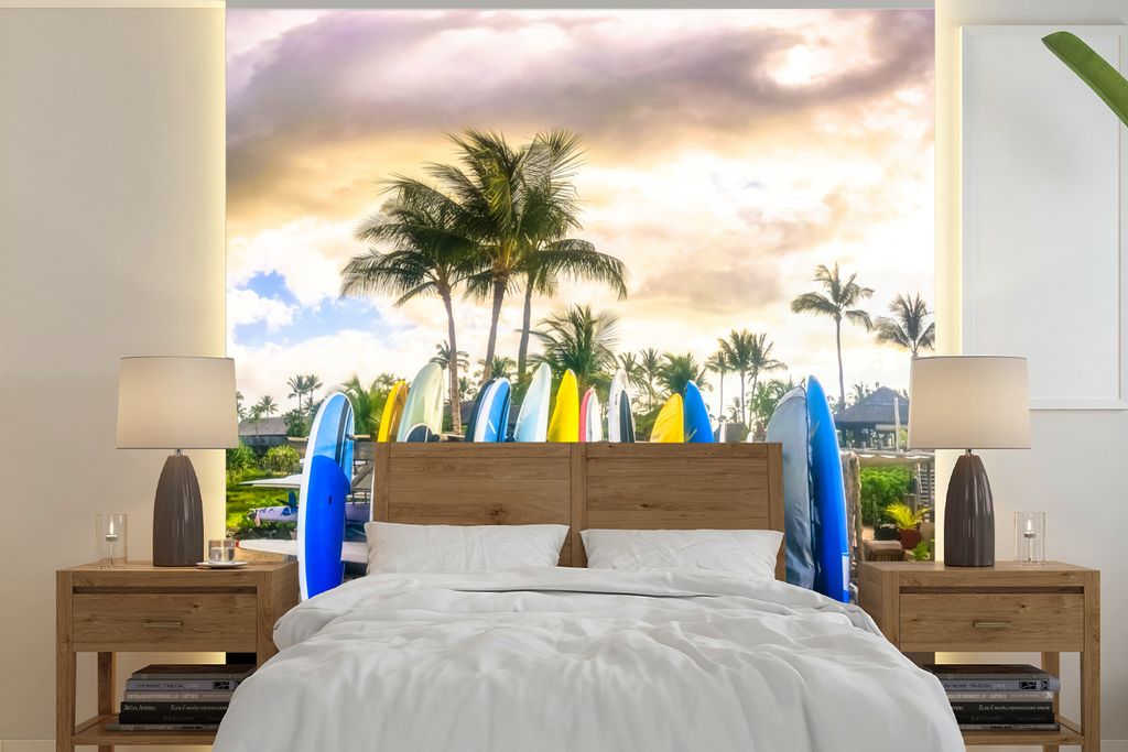 MuchoWow Fototapete für Wohnzimmer oder Schlafzimmer Wandtapete Vinyl Motivtapete Surfbretter - 350x350 cm - Schlafzimmertapete