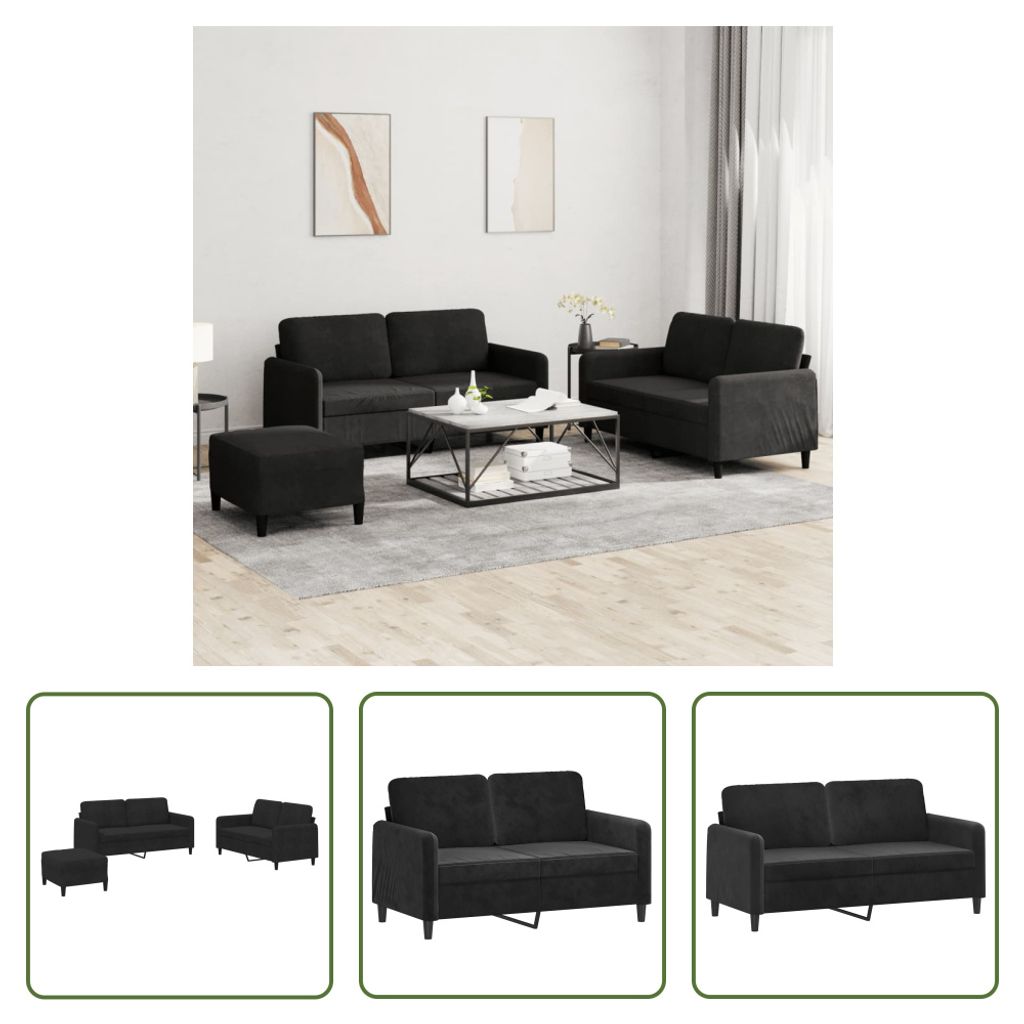 The Living Store 3-tlg. Sofagarnitur Schwarz Samt