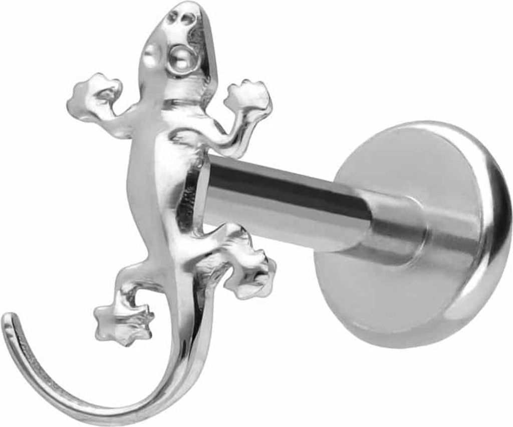 Ohrpiercing, Nasenpiercing Titan Labret mit Push Fit GECKO Silber Stablänge: 9mm | Stabstärke: 1,2mm