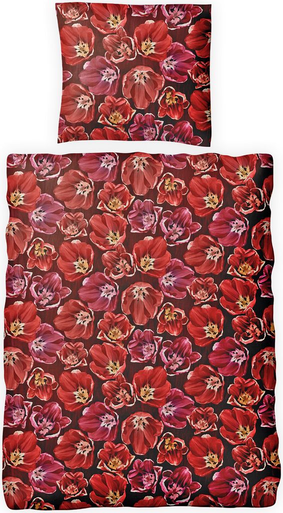 JACK Biber Bettwäsche 2 tlg. 135x200cm Blume Rot Pink Blumenmeer Reißverschluss