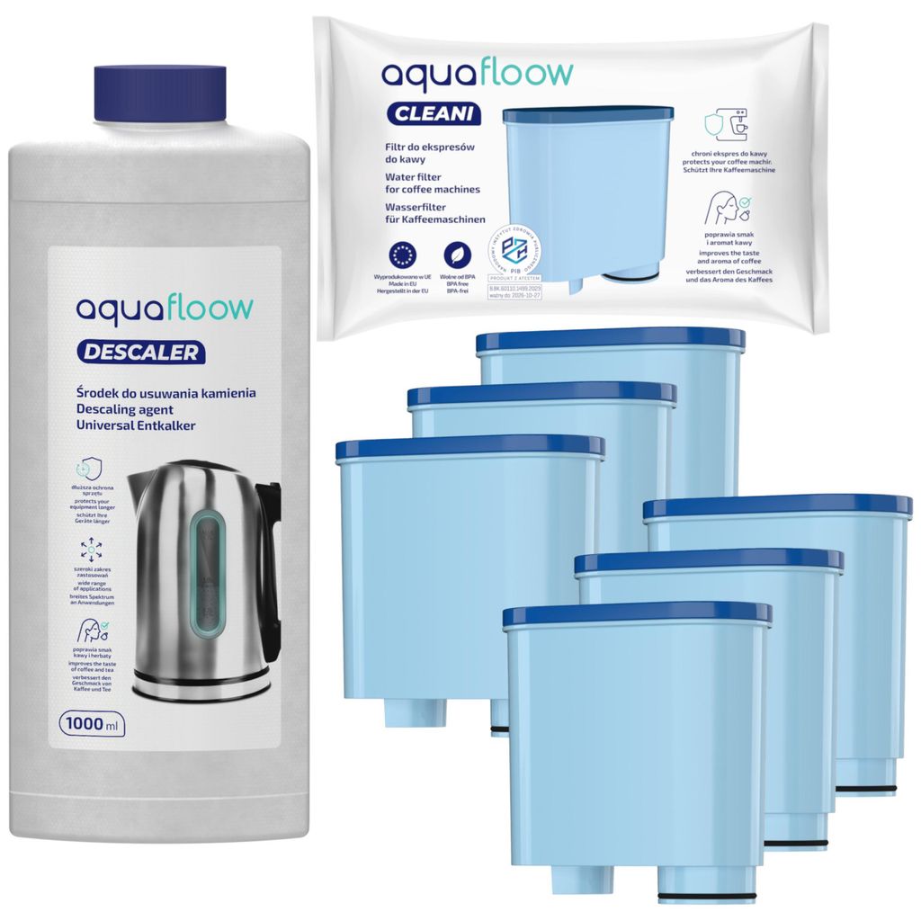 AquaFloow 6x Wasserfilter für Philips Saeco + Entkalker 1L