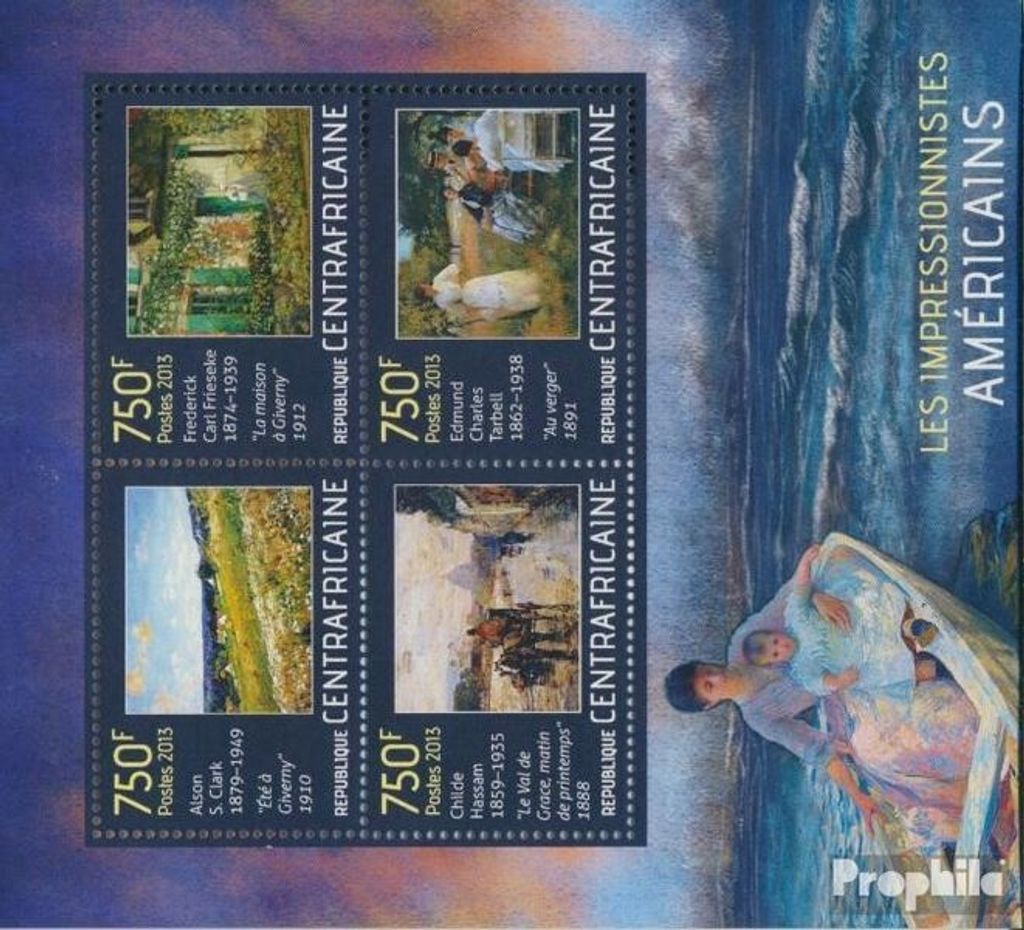 Briefmarken Zentralafrikanische Republik 2013 Mi 4420-4423 Kleinbogen (kompl. Ausgabe) postfrisch Amerikanische Impressionisten