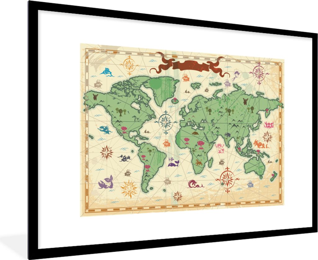 MuchoWow Gerahmtes Poster Weltkarte - Kinder - Piraten - Vintage - Jungen - Mädchen - Kinder 90x60 cm - Poster mit Schwarzem Bilderrahmen Wandpo...