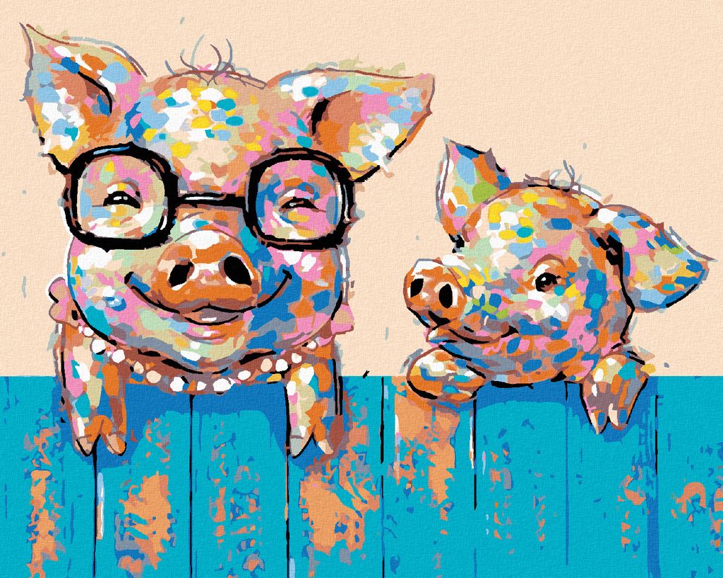 Zuty - Malen nach Zahlen - SCHWEINCHEN MIT BRILLE UND FERKEL, 40x50 cm, ohne Keilrahmen