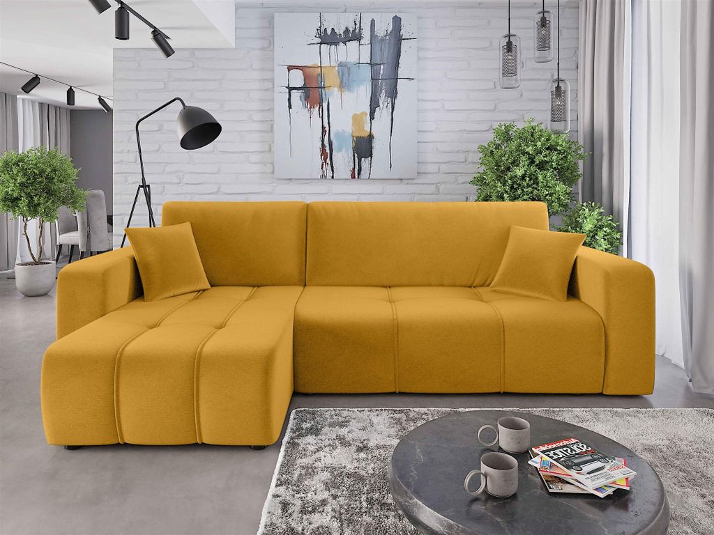 Ecksofa mit Schlaffunktion Sofa DAGNY in Stoff Kronos Senfgelb Ottomane Links