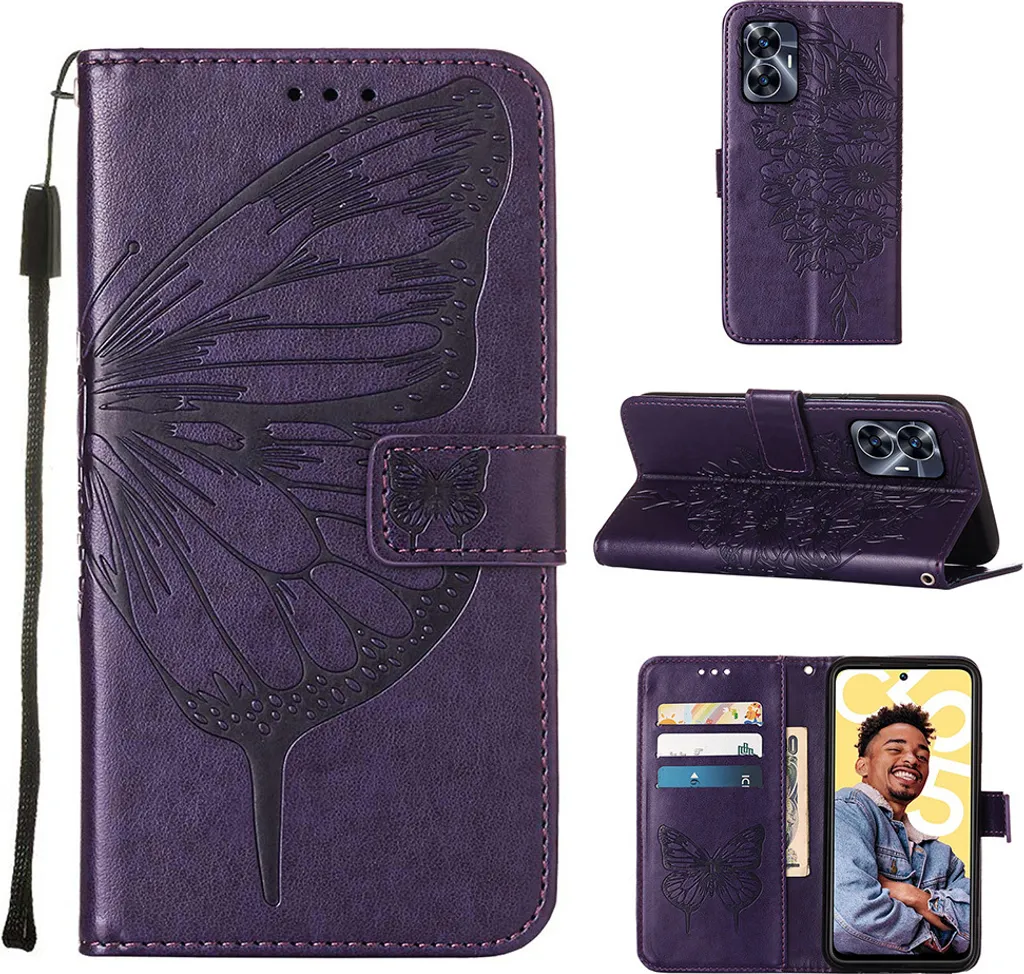 Custodia in pelle per Realme C55 farfalla in rilievo flip custodia in pelle slot per schede telefono cellulare con supporto viola