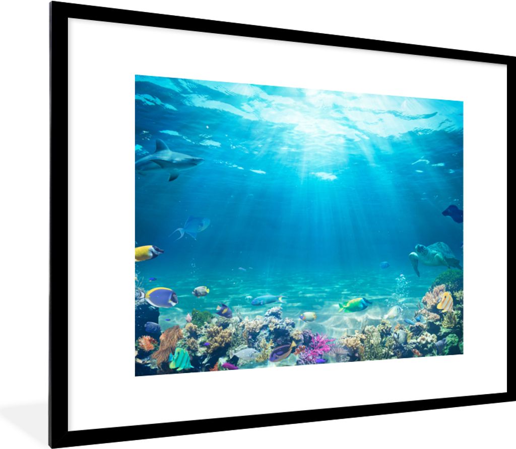 MuchoWow Gerahmtes Poster Unterwasserwelt - Meerestiere - Wasser - Korallen - Blau 80x60 cm - Poster mit Schwarzem Bilderrahmen Wandposter Rahmen...