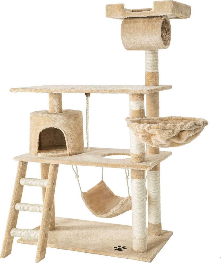 A multi-level cat tree with various platforms, a hammock, a hideaway, and scratching posts.