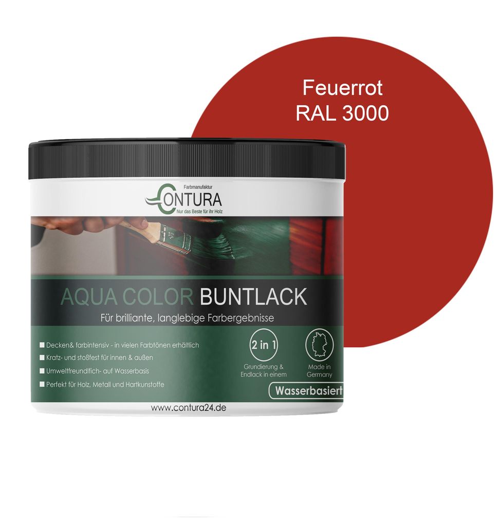 Contura 250ml. Buntlack Lackfarbe Lack Außen Innen Holz Metall Farbe Holzlack Möbellack - RAL 3000 Feuerrot