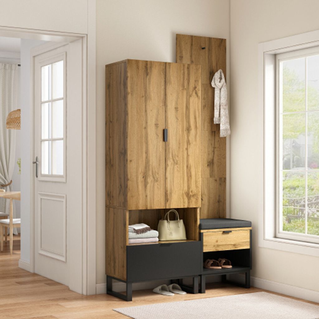 Garderobenset mit Schuhbank und Kissen, Hängezubehör an der Vorderseite, Schubladen und verstellbaren Einlegeböden