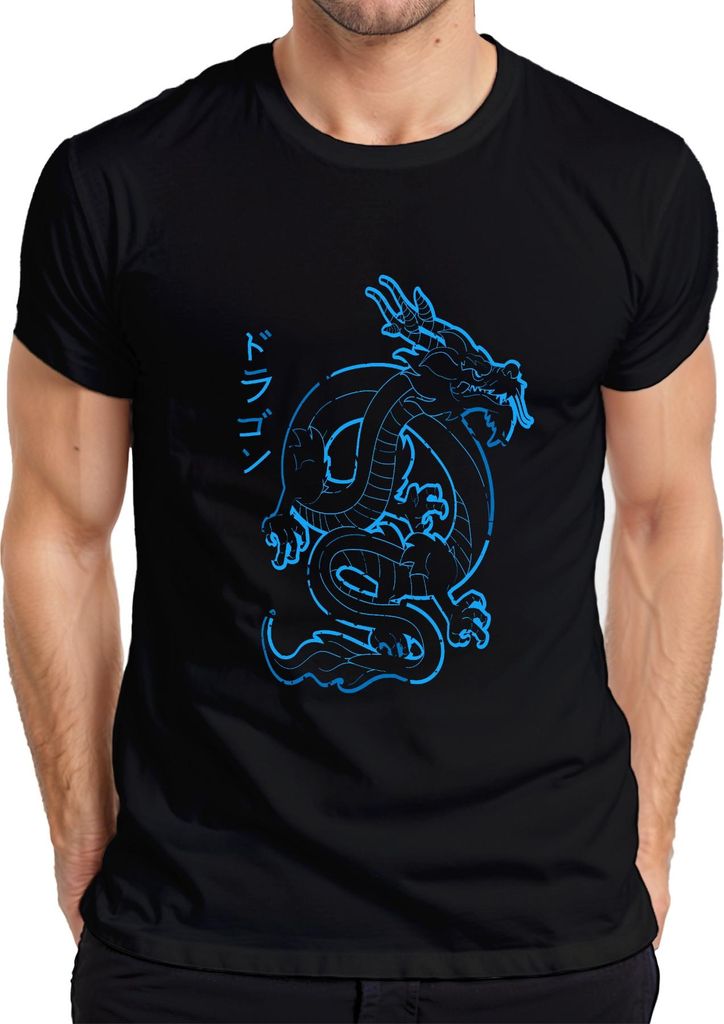 Japanischer Drache Neon Blau Katakana ドラゴン Cyberpunk Yakuza Retro Herren T-Shirt, Schwarz, S