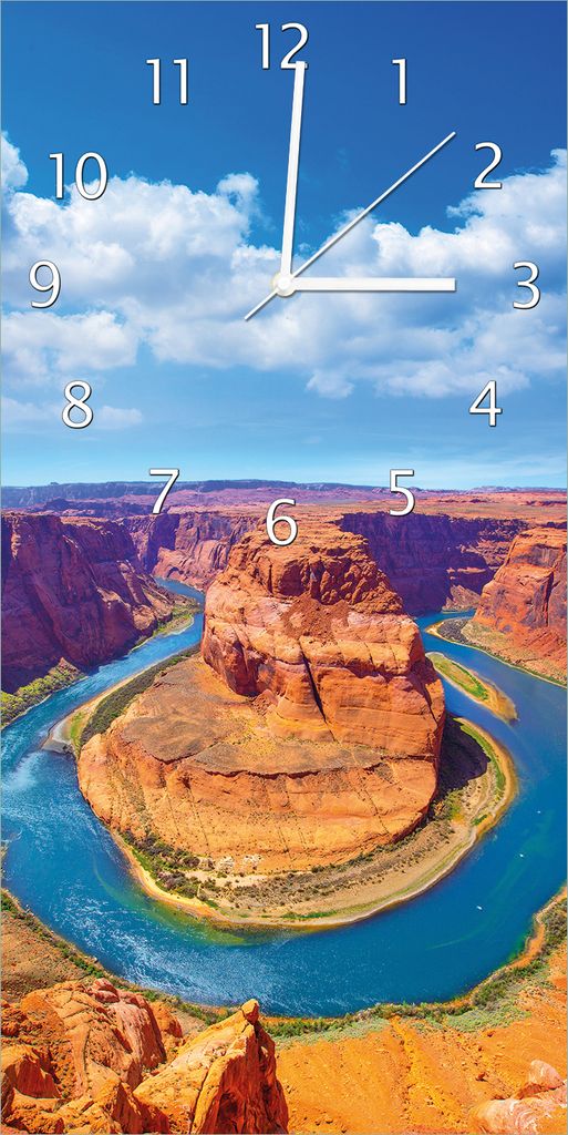 Wallario Design Wanduhr Hufeisenförmiger Mäander des Colorado River aus Echtglas, Größe 30 x 60 cm