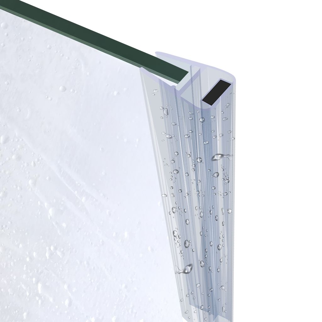 A close-up view of a shower door seal with water droplets.