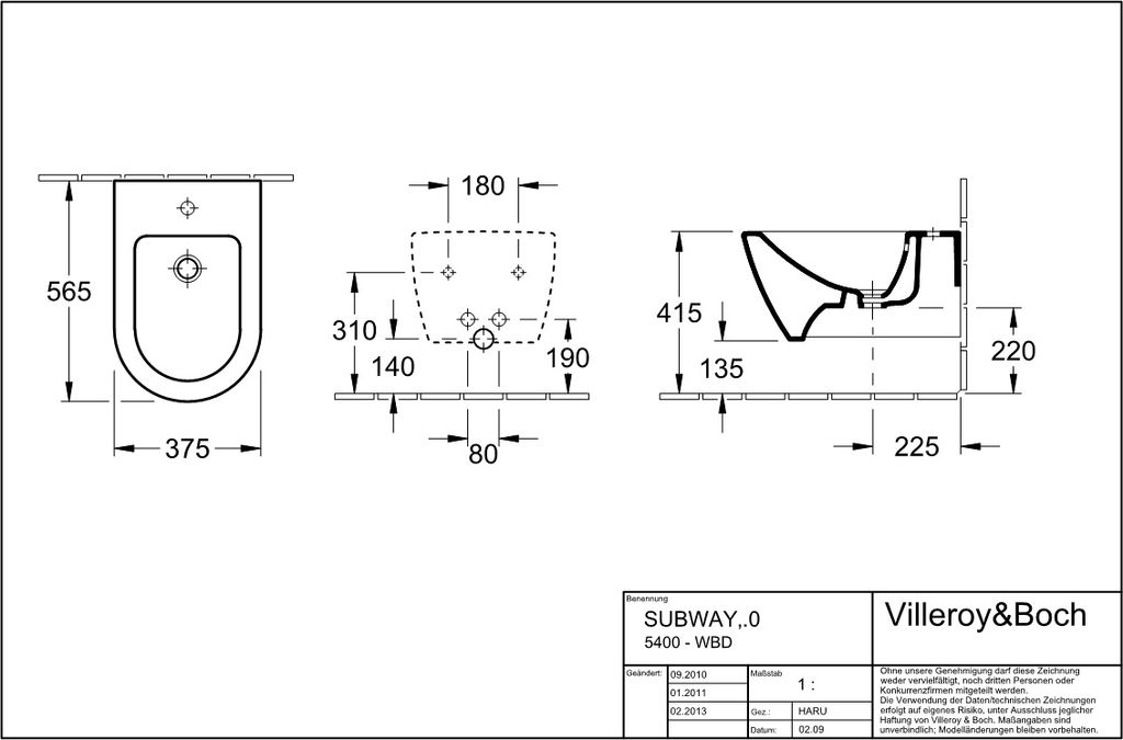 Villeroy & Boch Subway 2.0 Bidet, wandhängend, 1 Hahnloch, mit Überlauf, 375x565mm, 54000001