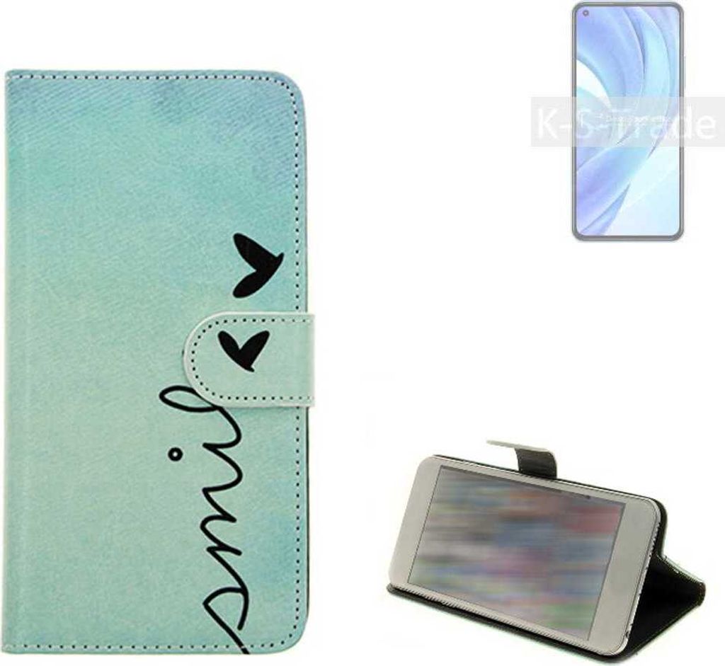 K-S-Trade Schutz Hülle Handy Hülle kompatibel mit Xiaomi Mi 11 Lite IN Hülle Handyhülle cover bookstyle Etui Handyhülle ''smile'' türkis