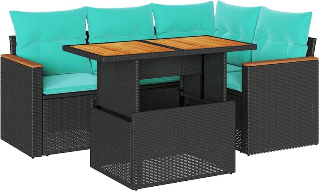 vidaXL 5-tlg. Garten-Sofagarnitur mit Kissen Schwarz Poly Rattan