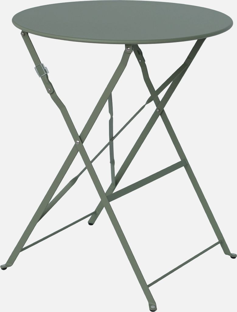 A khaki-colored folding bistro table.