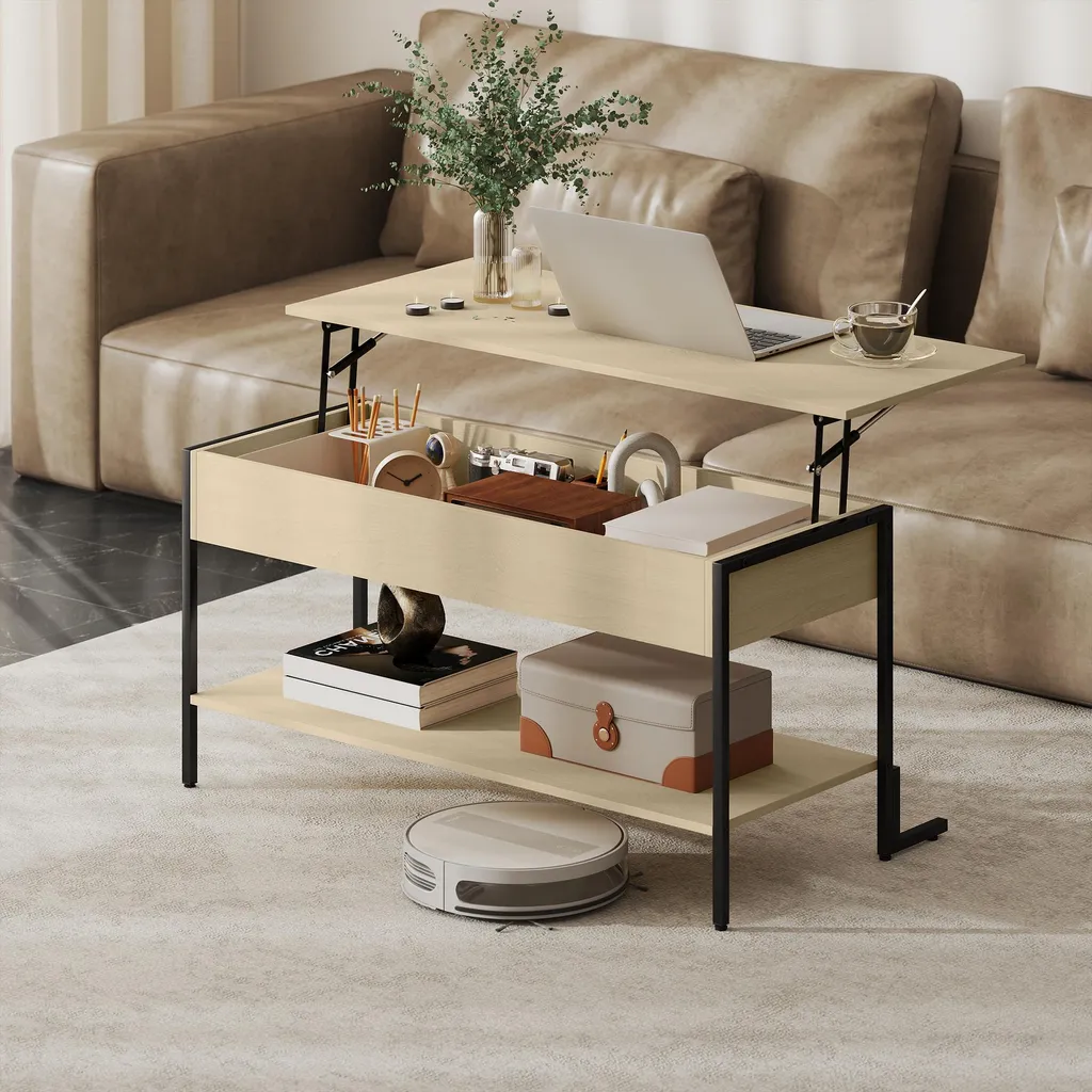 Table de salon avec plateau relevable et compartiment caché bois clair - 3