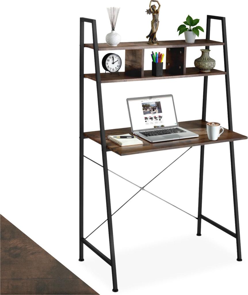 A ladder desk with shelves and a laptop on the desk surface.