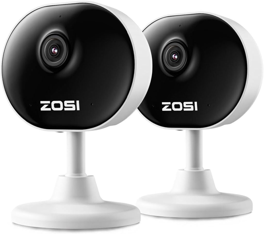 Two white and black ZOSI security cameras are shown on a white background.