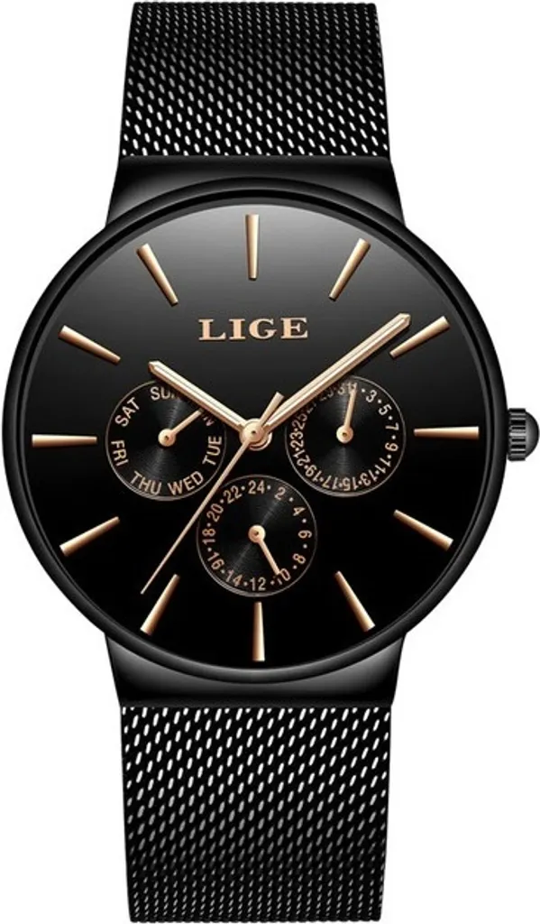 Montre Homme Noire LIGE KP4050 - Verre Anti-rayures et Bracelet de Qualité