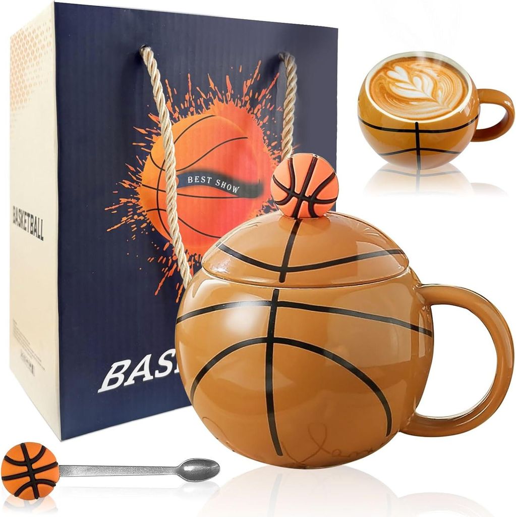 Basketball Tasse, 400ml Basketball Keramik Becher, Basketball Geschenk Kaffeetasse, mit Deckel und Löffel, Basketball Keramikbecher für Jungen, M...