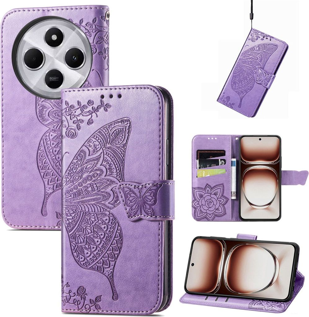 Für Xiaomi Redmi 14C Kunstleder Wallet Handy Tasche Schmetterling Design Hülle Etuis Hell-Lila