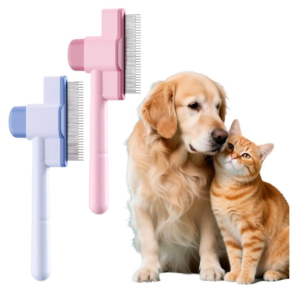 2 Stück Hundekamm und Katzenbürste, Selbstreinigender Flohkamm für Haustiere, Haarentfernungskamm für Katzen und Hunde, Entfernt lose Haare und...