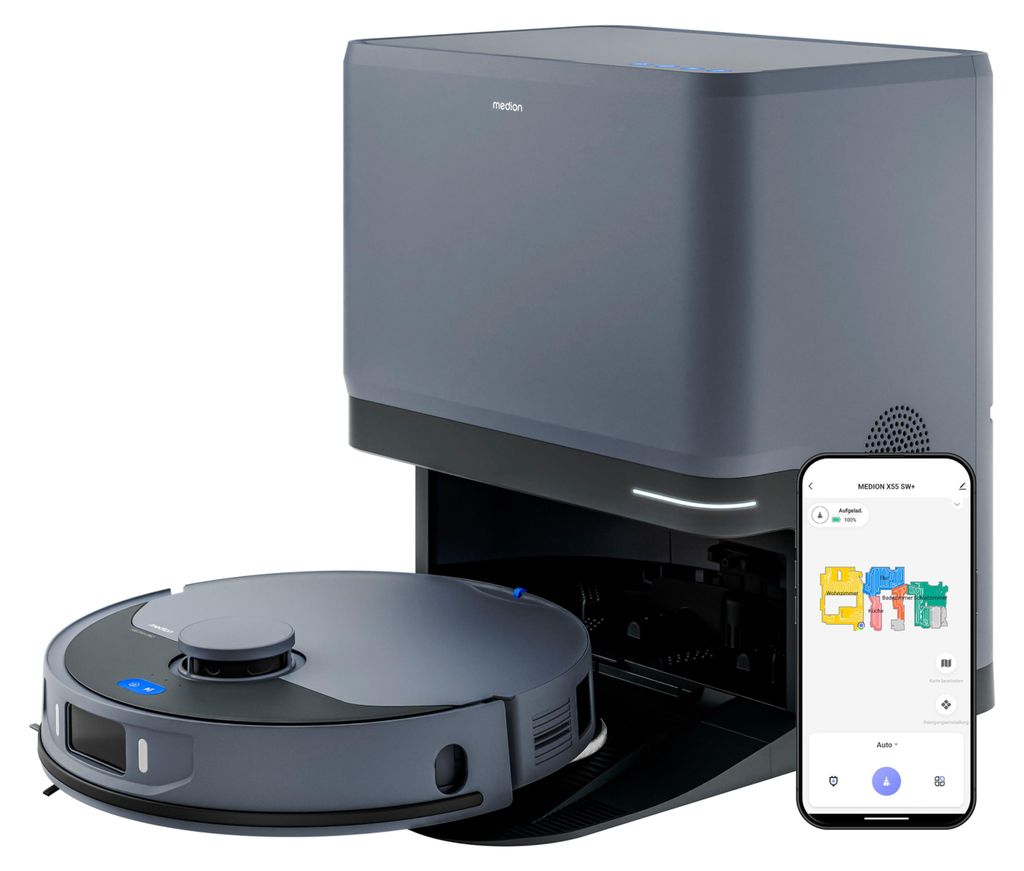 MEDION Saugroboter mit 3-in-1 Absaugstation, Lasernavigation und Wischfunktion X55 SW+ Pro (Starke 10000Pa Saugkraft, 2in1 Roboterstaubsauger, roti...