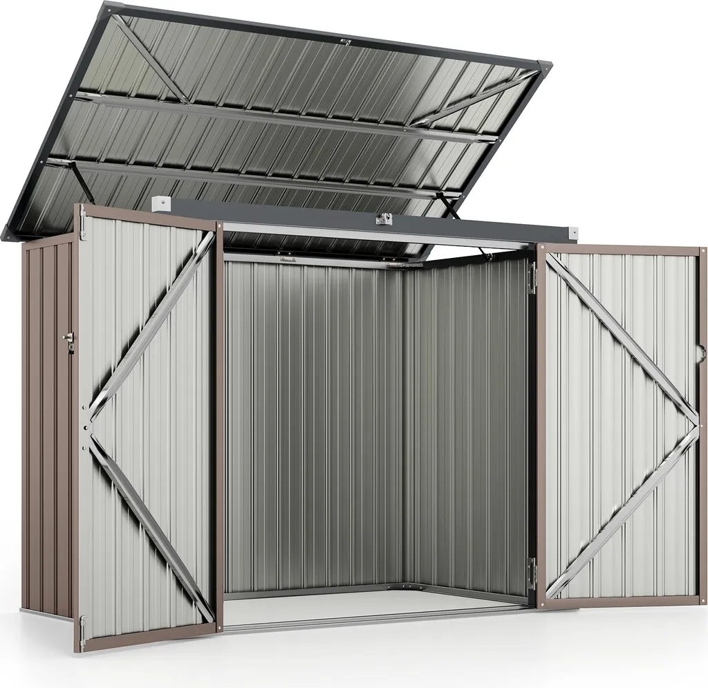 Abri à Poubelles Double en Métal avec Toit Relevable et Portes Marron