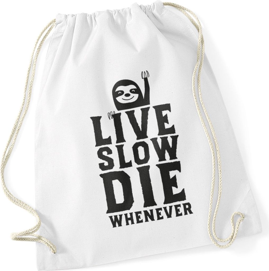 Turnbeutel "Live Slow Die Whenever" Faultier Sportbeutel Gymbag Moonworks weiß unisize