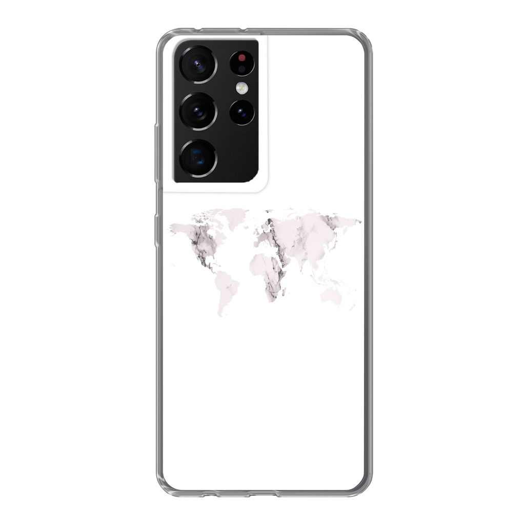 MuchoWow Handyhülle Schutzhülle Hülle für Samsung Galaxy S21 Ultra Weltkarte - Marmor - Weiß Silikon Softcase Handy Hülle - Mobiltelefon