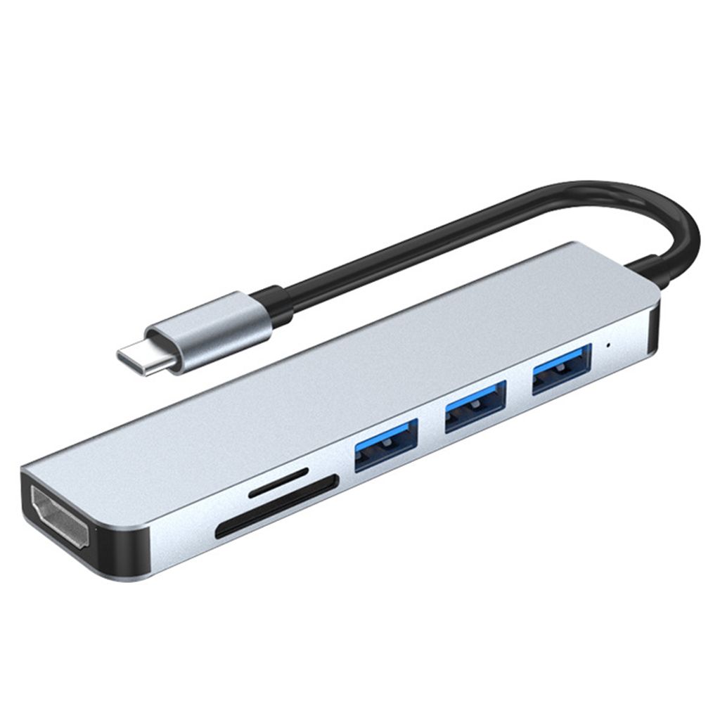 Typ-C 6-in-1-Dockingstation, USB-C-Hub, Gehäuse aus Aluminiumlegierung, 1 x USB 3.0 + 2 x USB 2.0 + HDMI + SD/TF-Kartensteckplatz
