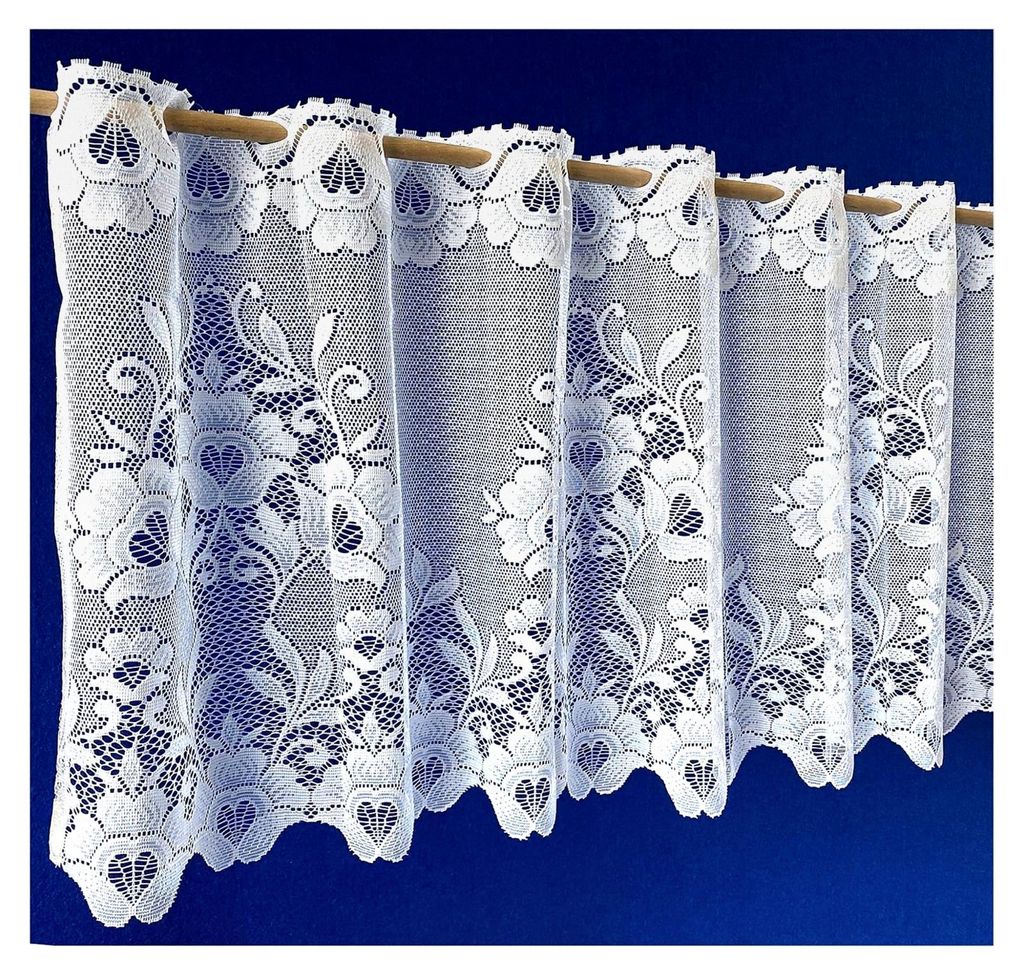 Scheibengardine Jacquard Blumen Bordüre Gardine weiß Bistrogardine gebogt HxB 42x125 cm