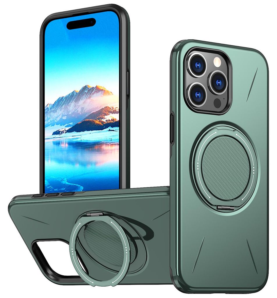 Magnetisch Hülle für iPhone 15 Pro, Stoßfeste Weich TPU und Hard PC Schutzhülle mit Ringhalter Ständer Grün
