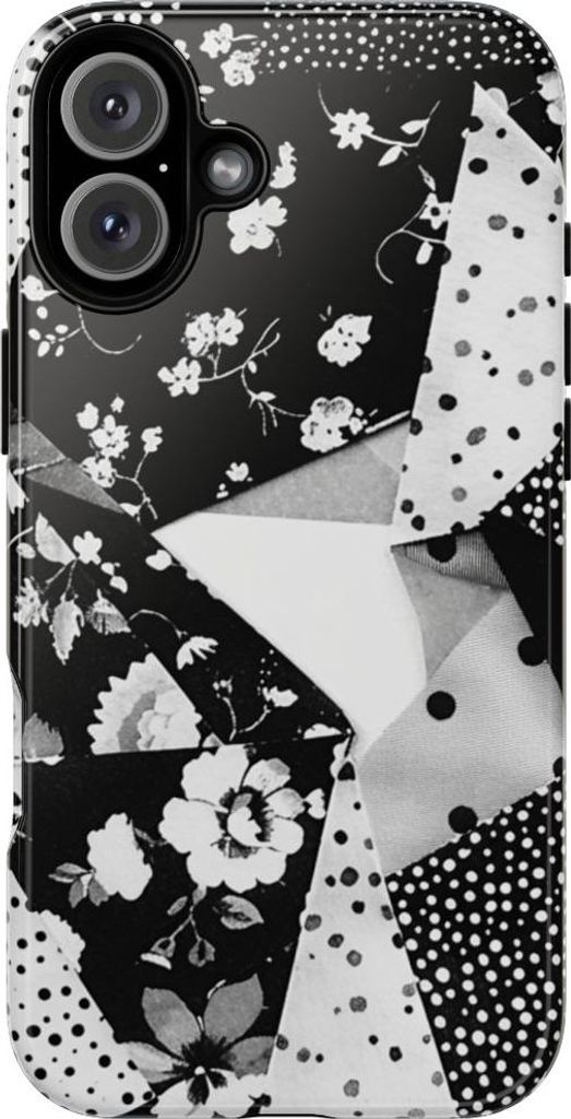 Monochromes Blumen- und Punktmuster im Patchwork-Stil – Hülle Kompatibel mit iPhone 16 Plus