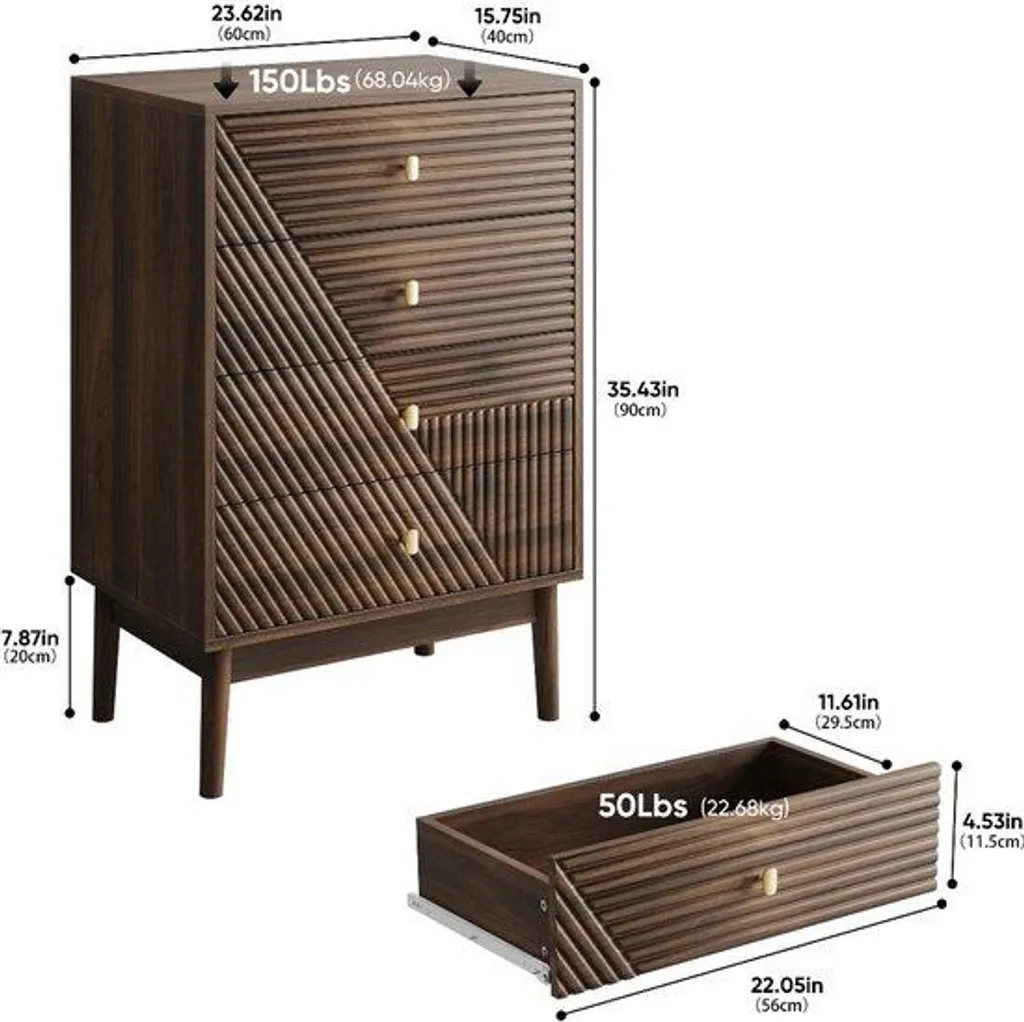 Buffet bas commode en noyer avec tiroirs et portes - Style Scandinave