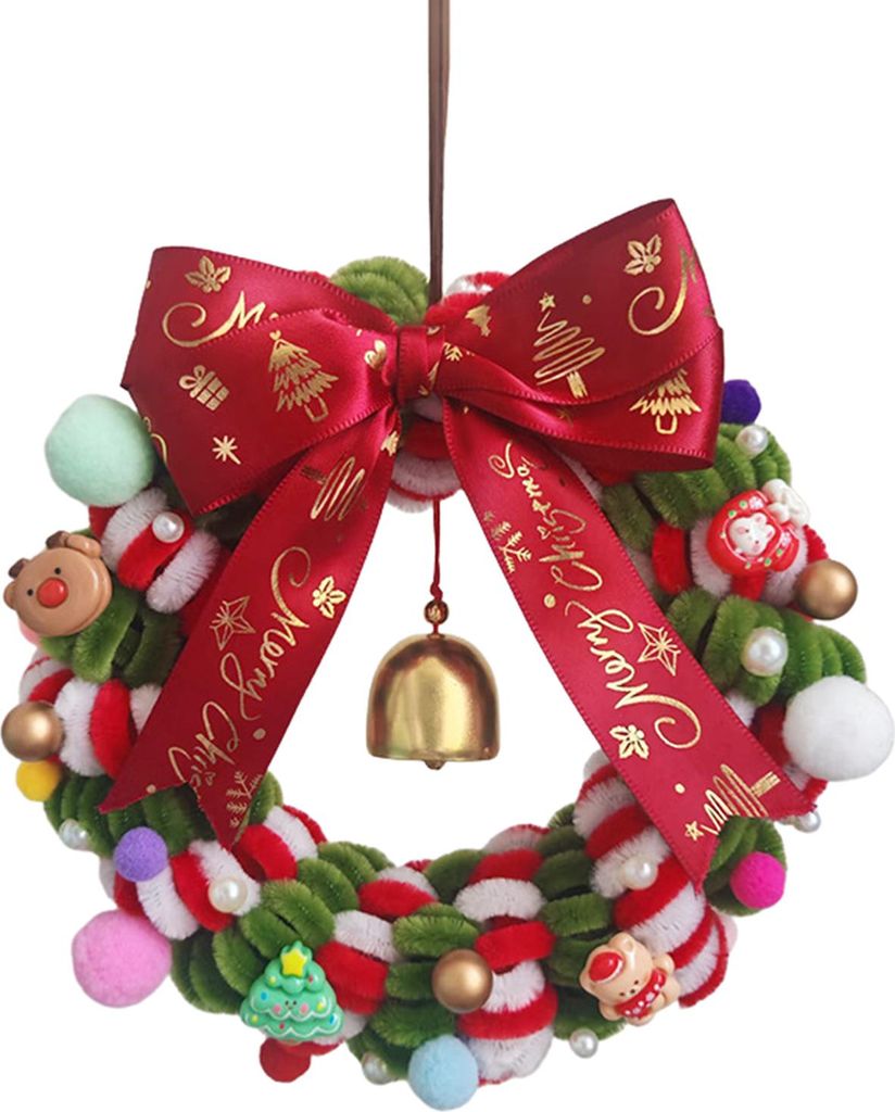 1 Set Weihnachtskranz-Bastelset mit rotem und grünem Pfeifenreiniger, Glöckchen, Weihnachtsmann- und Rentieranhänger, Schleife, DIY-Weihnachtsba...