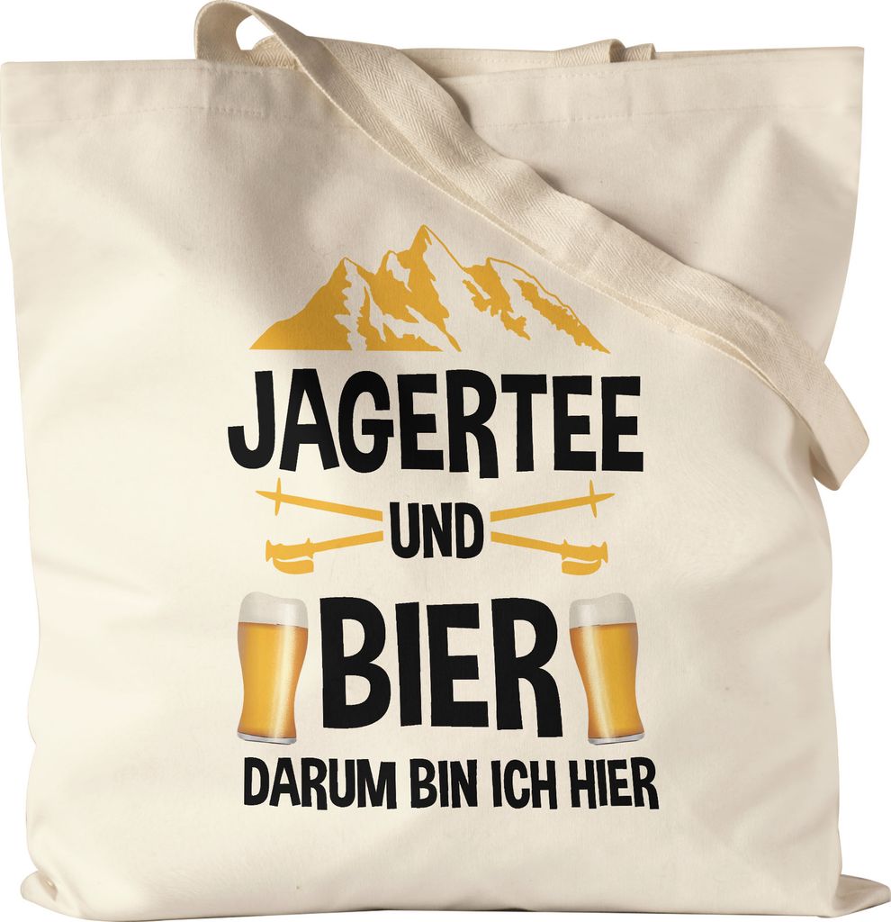 Jagertee und Bier Darum bin ich hier Jutebeutel Stoffbeutel Canvas Skifahren Snowboard Lustig Apres Ski Skilehrer
