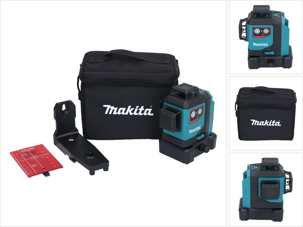 A Makita laser level kit is displayed against a white background, showing the laser level, a carrying bag, a mounting bracket, and a target plate.