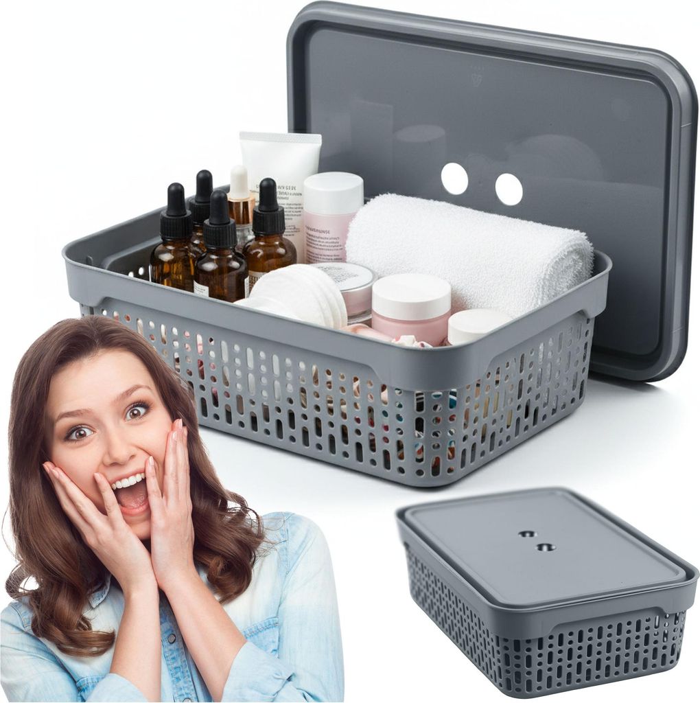 Aufbewahrungskorb Korb mit Deckel M Aufbewahrungskiste Aufbewahrungsbox aus Plastik Grau