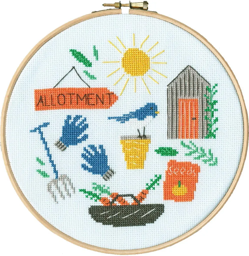 Kit broderie complet Bothy Threads motif jardin et son cadre cercle