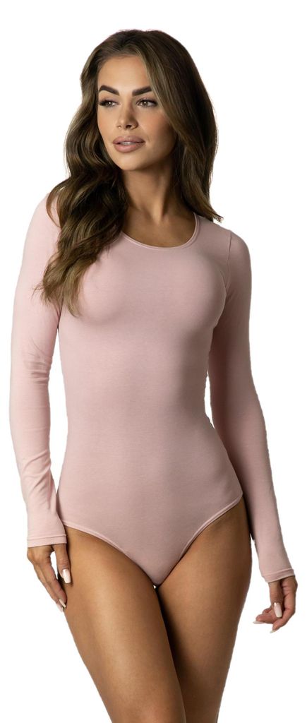 Alkato Damen Langarm Body Baumwolle Bodysuit mit Rundhalsausschnitt, Farbe: Puderrosa, Größe: S (Short 158-164 cm)